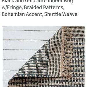 Bohemian Black and Gold Jute Indoor Rug with Fringe 24 Inch